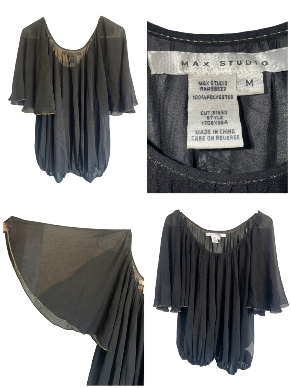 Max Studio Y2K Shimmer Chiffon Bubble Hem Blouse Black Gold Size M